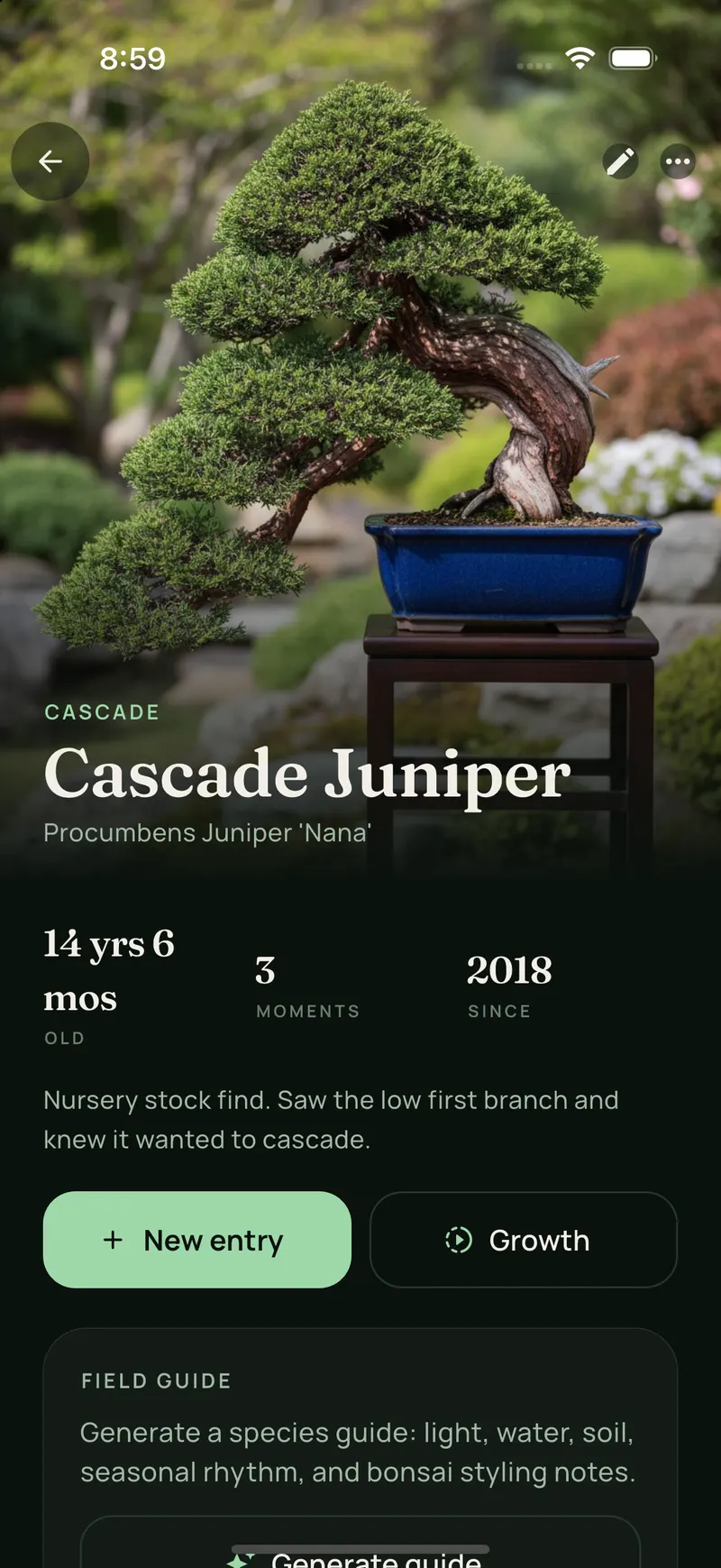 App screenshot of a tree page for a cascade juniper: age, number of recorded moments, the keeper's note, and buttons for a new journal entry and Growth